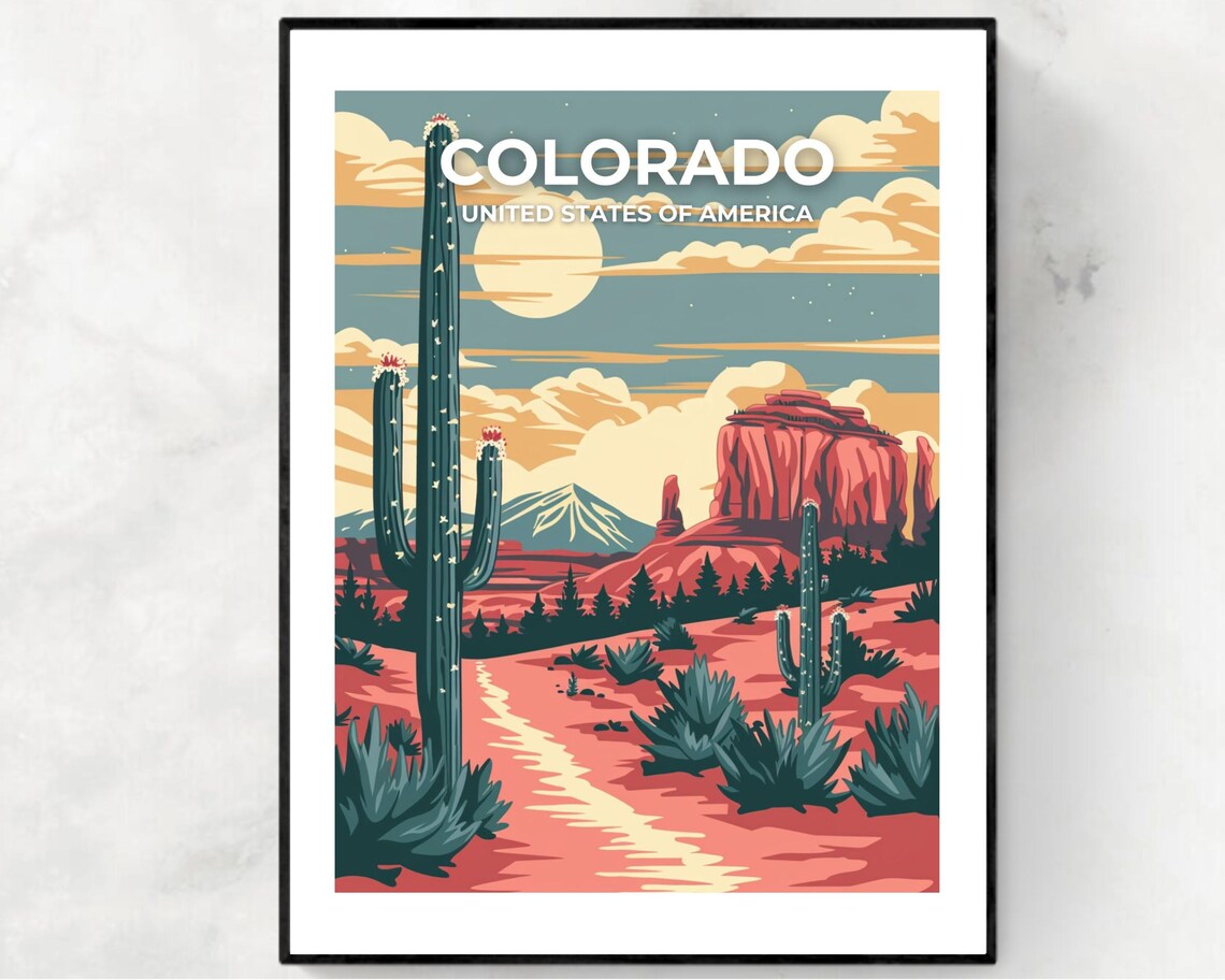 Colorado Desert Cactus Moonrise Red Rocks Top Title Travel Poster