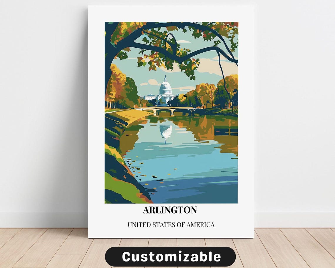 Arlington USA Retro Travel Poster US Capitol River Autumn View