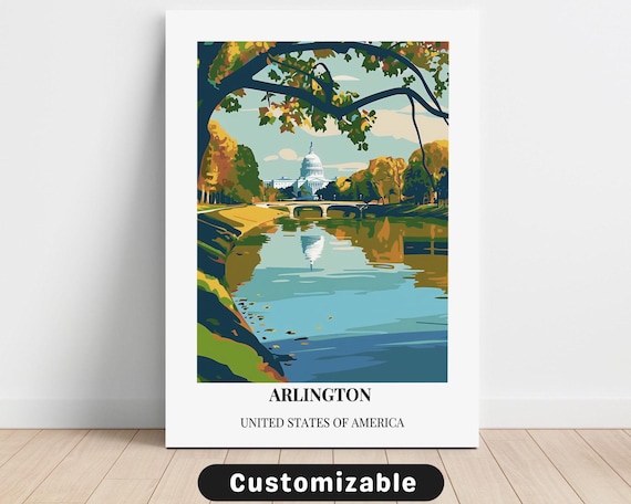 Arlington USA Retro Travel Poster US Capitol River Autumn View