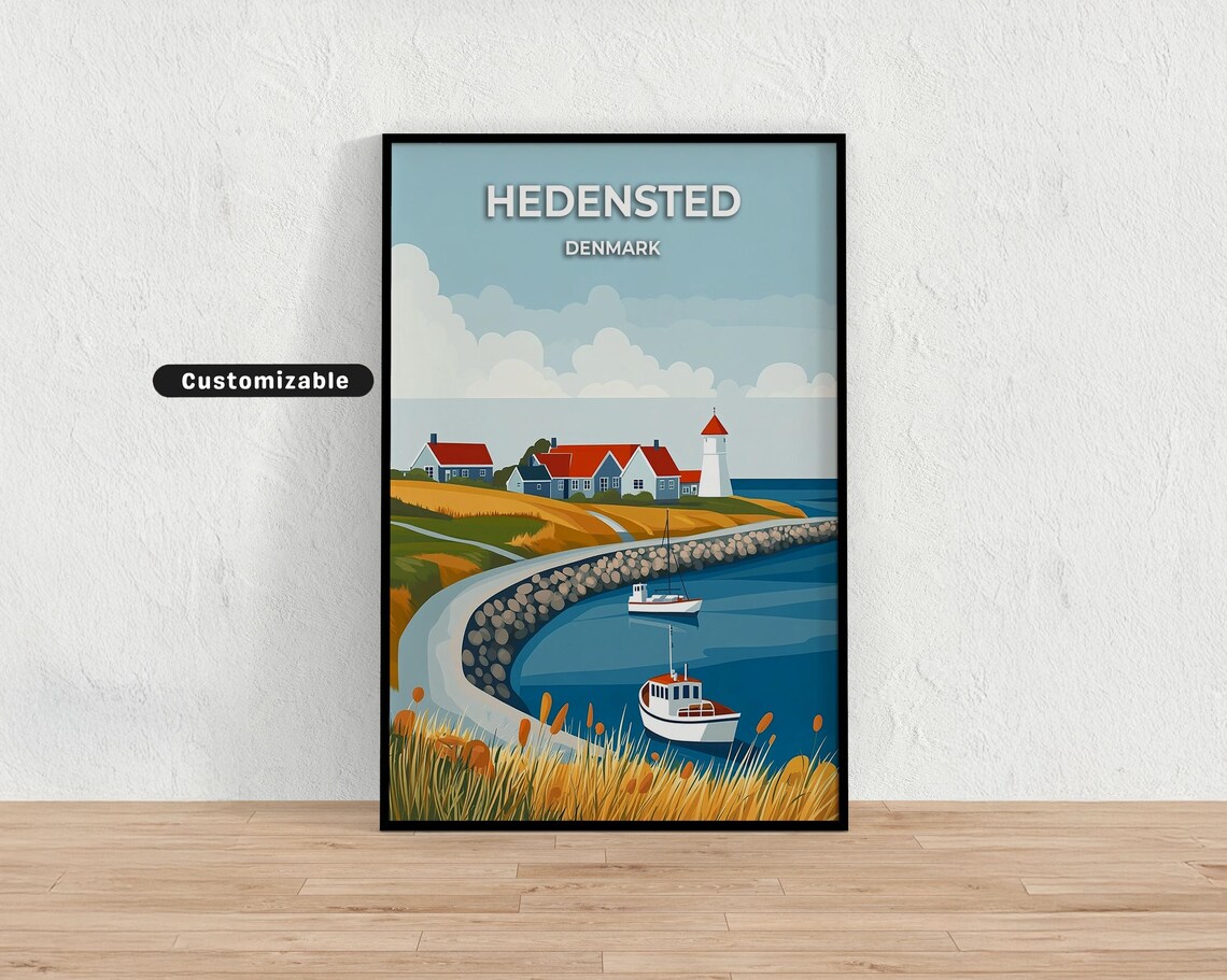 Hedensted Denmark Coastal Lighthouse and Boats Travel Poster