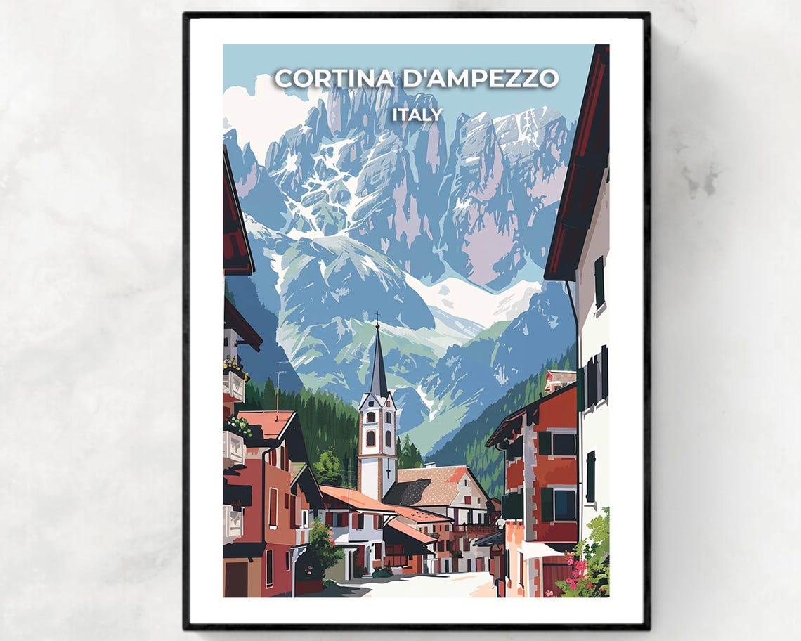 Cortina d'Ampezzo Italy Dolomites Alpine Village Vintage Poster