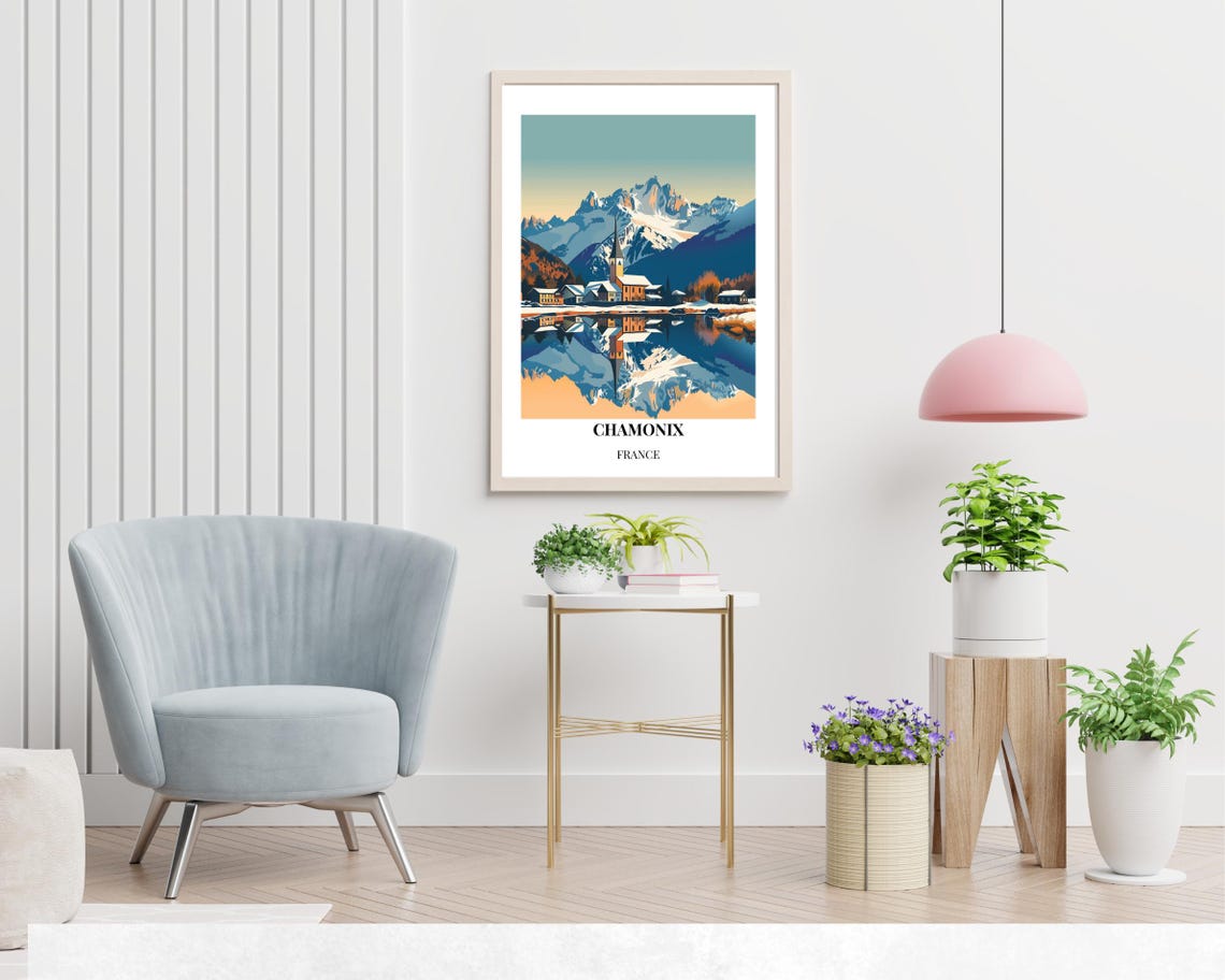 Snowy Chamonix Village and Mont Blanc Peaks Winter Reflection Poster - Image 2