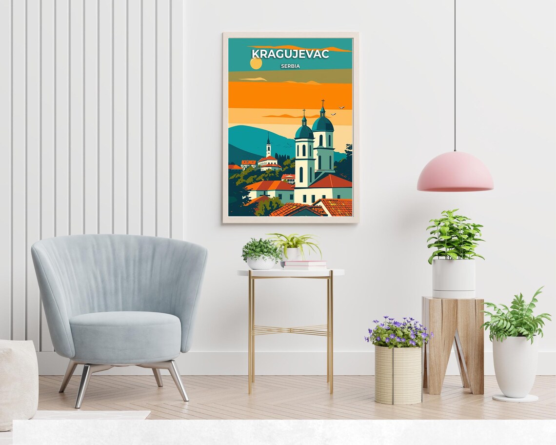 Historic Kragujevac Serbia Church Domes at Sunset Travel Poster - Image 2