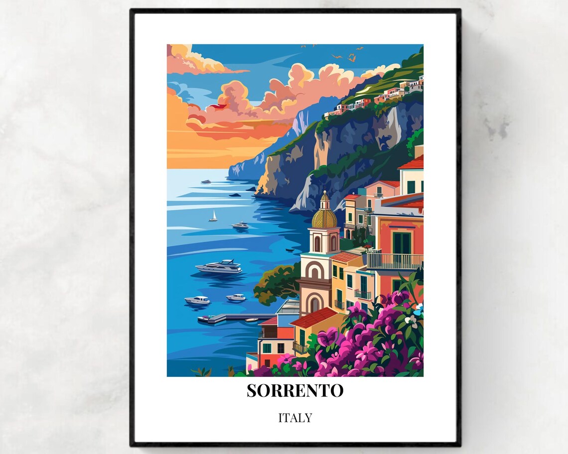 Sorrento Italy Sunset Coast Cliffs Boats Amalfi View Travel Poster