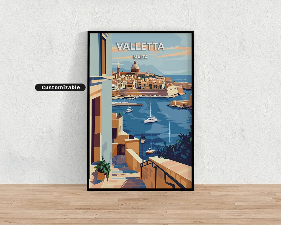 Valletta Malta Blue Harbor Churches Sunset Retro Travel Poster