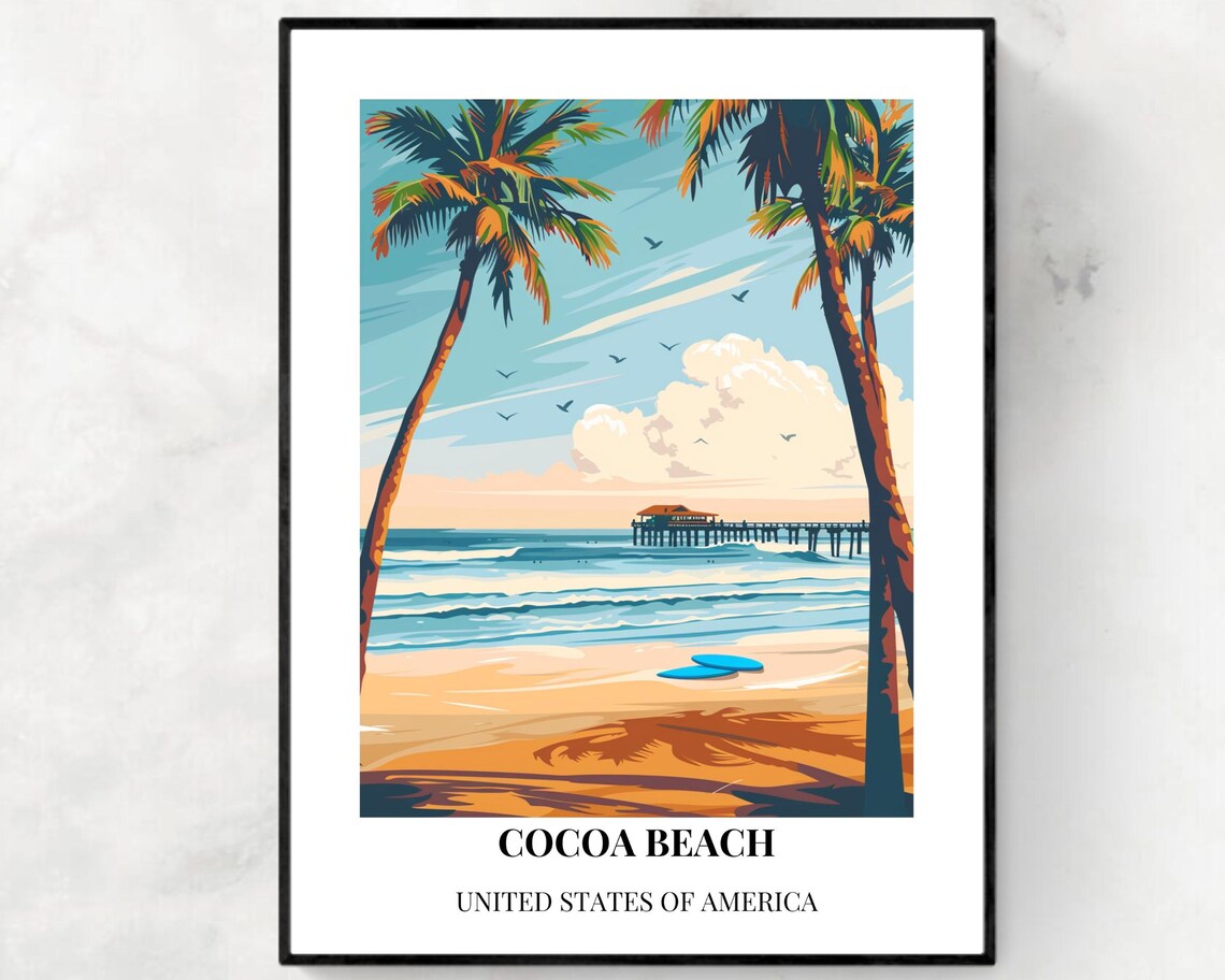 Cocoa Beach Florida Palm Trees Pier Bottom Caption Travel Poster