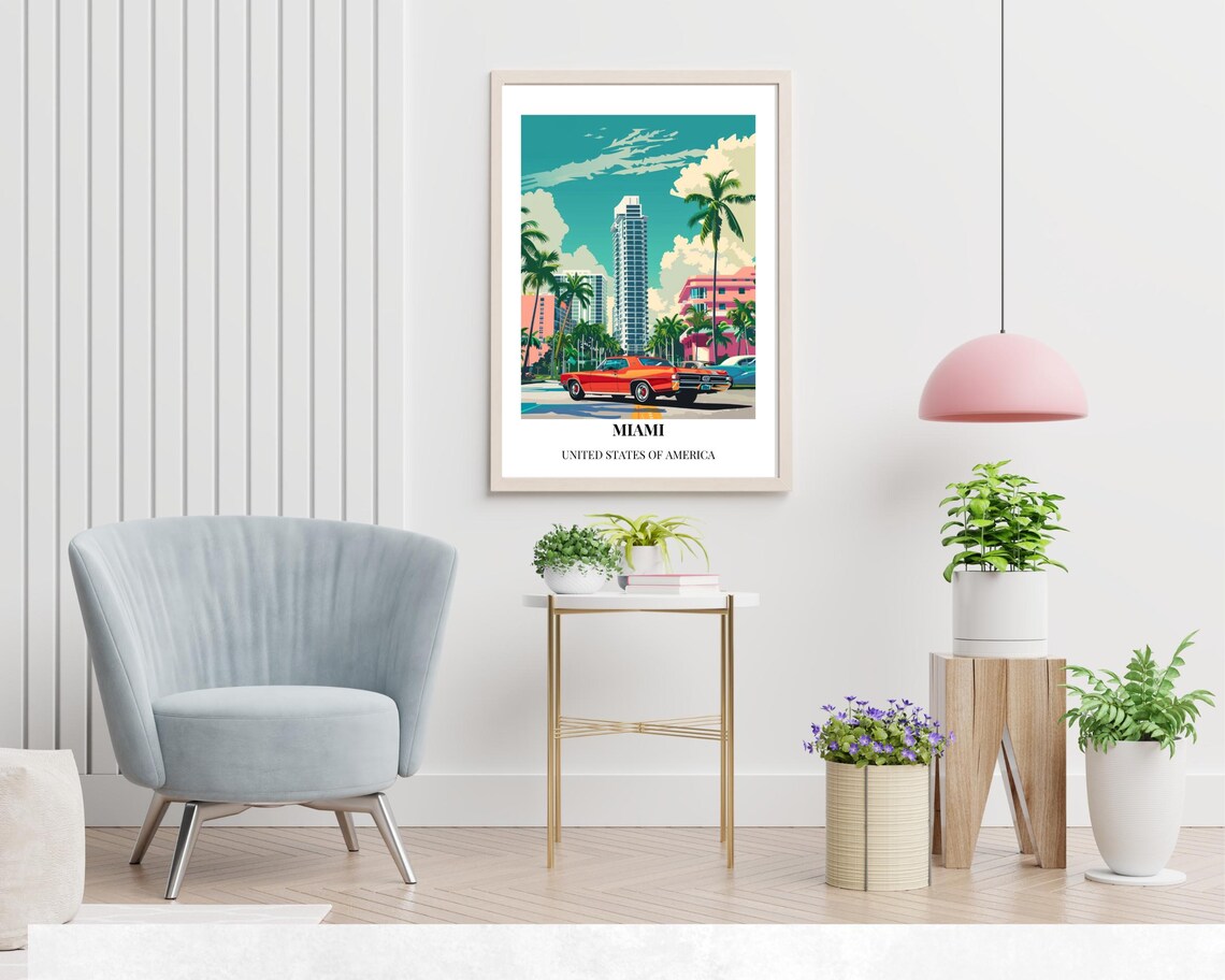 Miami Florida Classic Car Palm Trees Art Deco Sunset Street Poster - Image 2