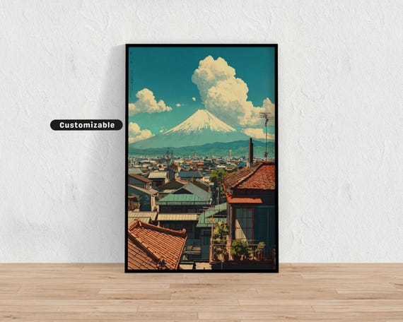 Vintage Print Of Fuji Seen From Tokyo Rooftops Japanese Wall Art Zen Asian Decor
