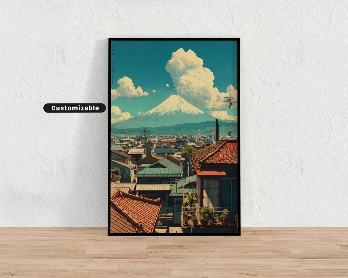 Mount Fuji Rising Above Tiled Rooftops Retro Anime Japan Poster