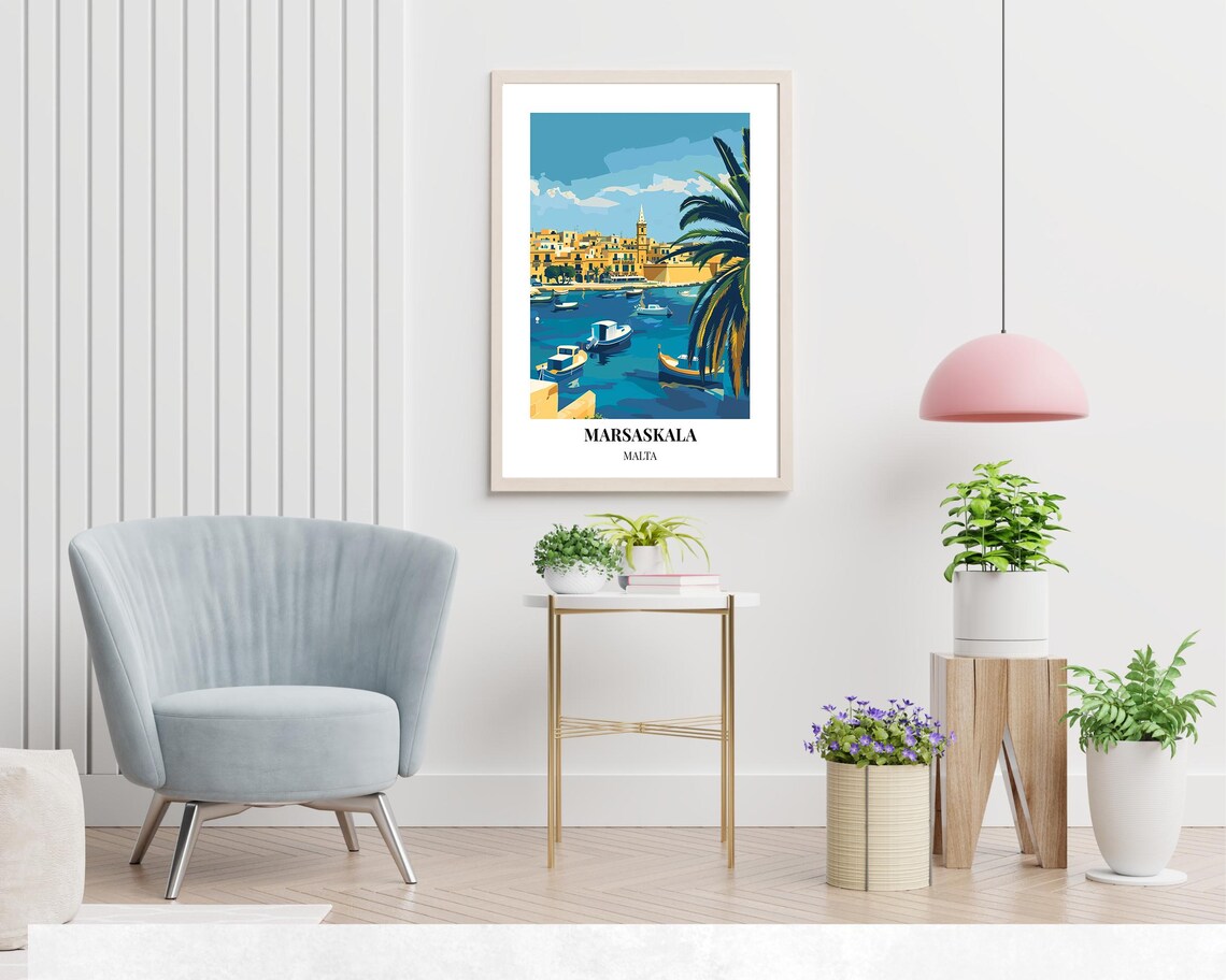 Marsaskala Malta Harbor Palm Trees Fishing Boats Coastal Bay Poster - Image 2