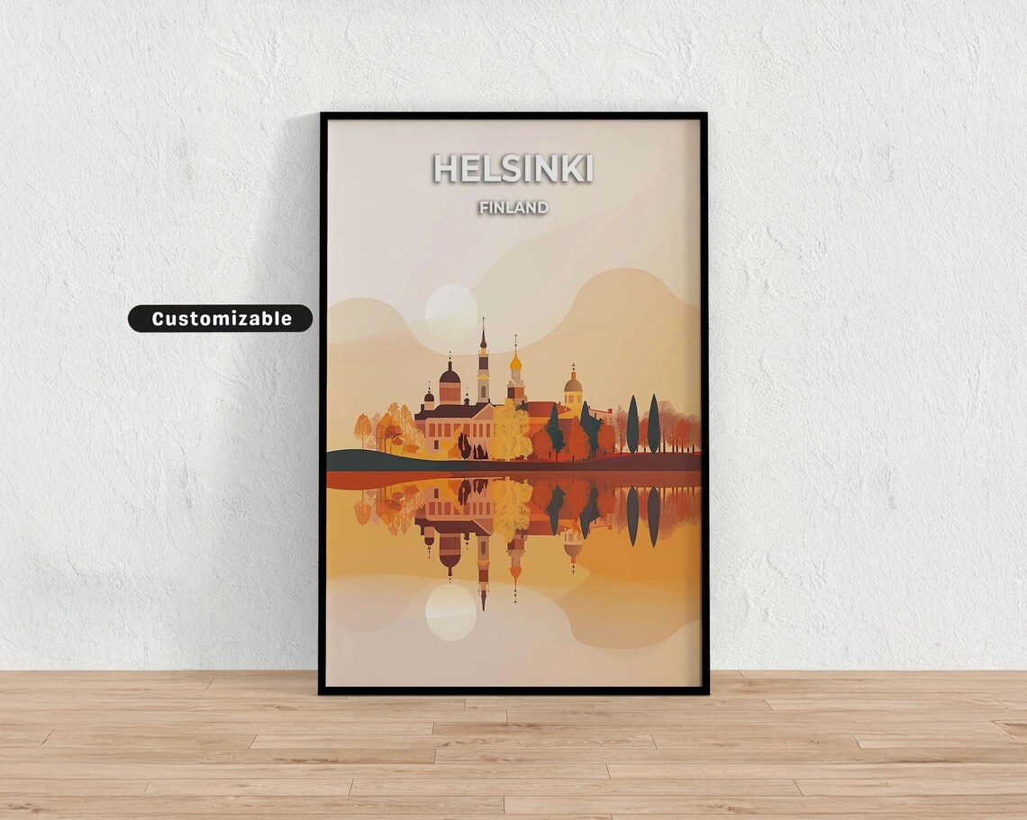 Helsinki Finland Travel Poster Uspenski Cathedral Harbor Scene