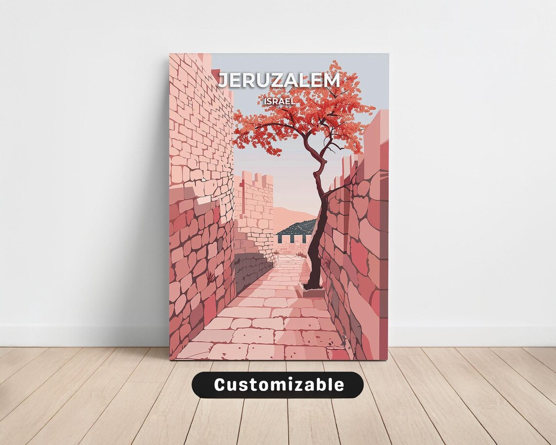 Jeruzalem Old City Walls Travel Print Pink Stone Red Tree Israel Scene