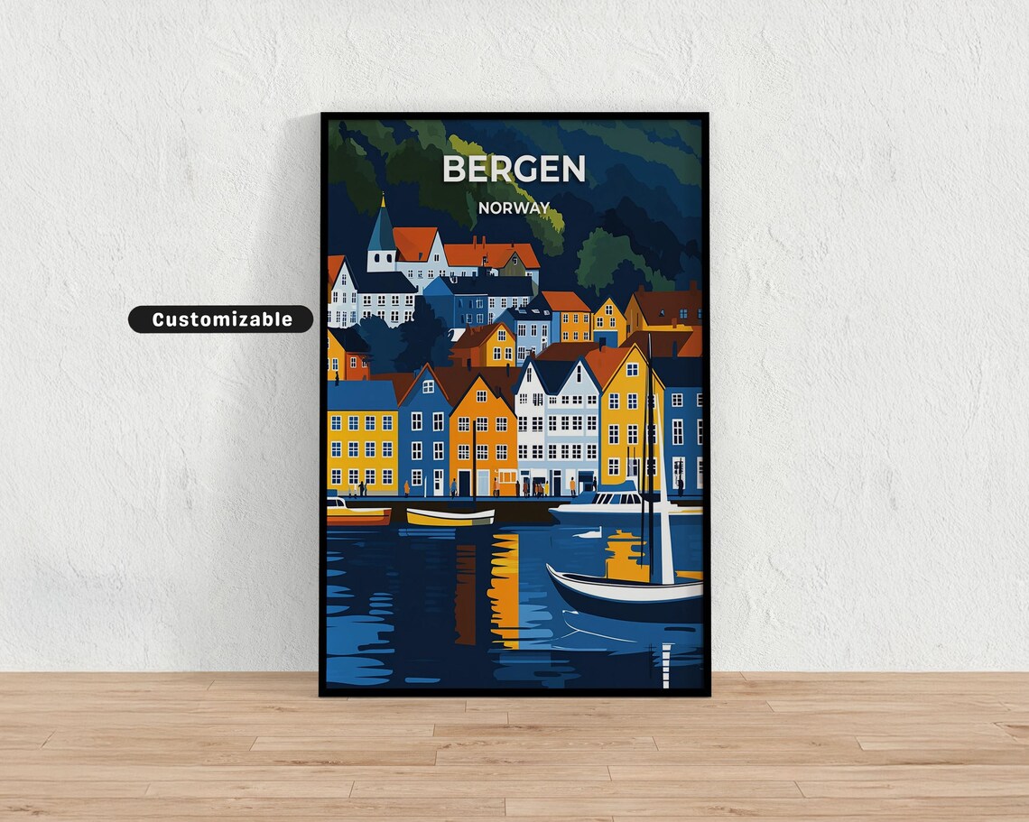 Bergen Norway Evening Harbor Lights Colorful Houses Travel Poster