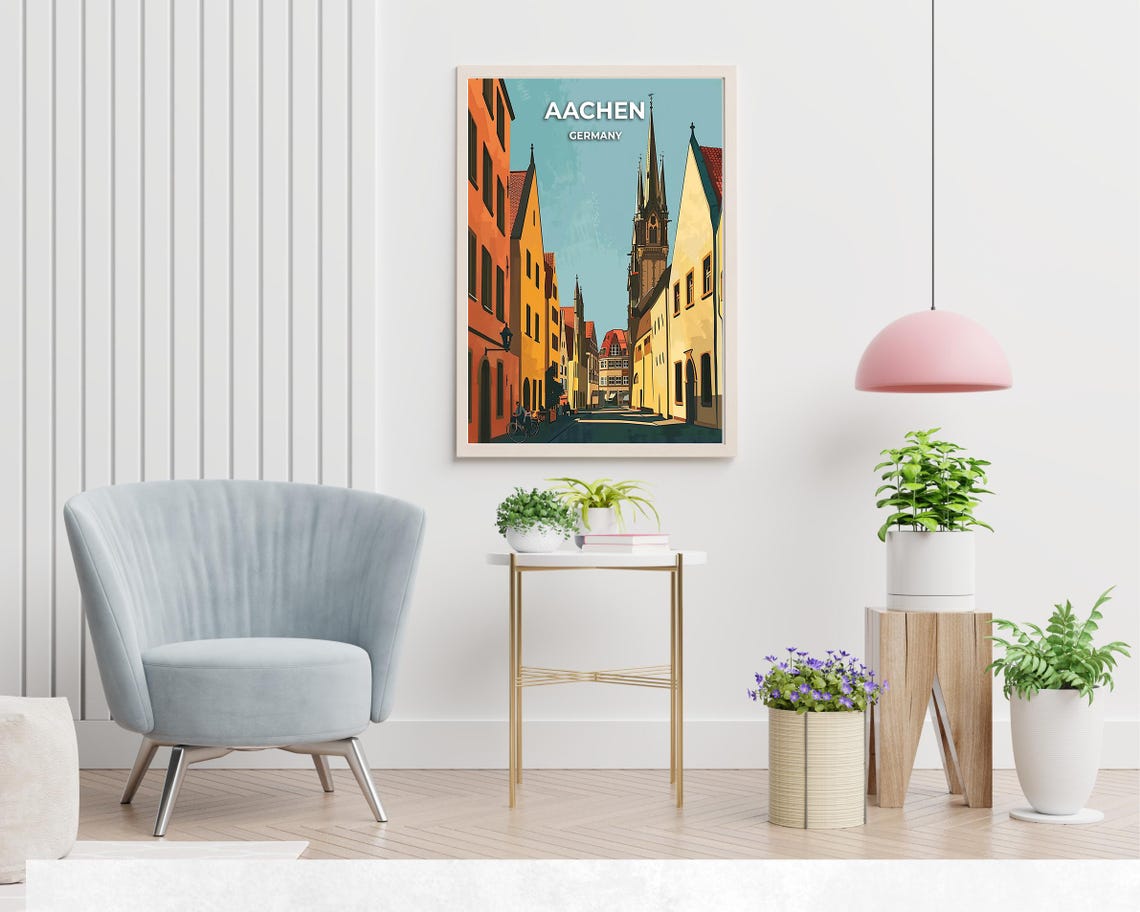 Aachen Germany Old Town Street Cathedral Retro Travel Poster - Image 2