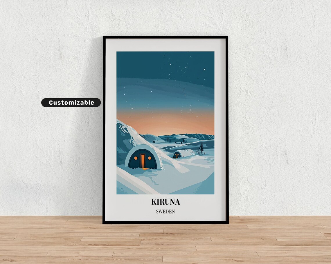 Kiruna Sweden Arctic Snow Huts Starry Twilight Winter Travel Poster