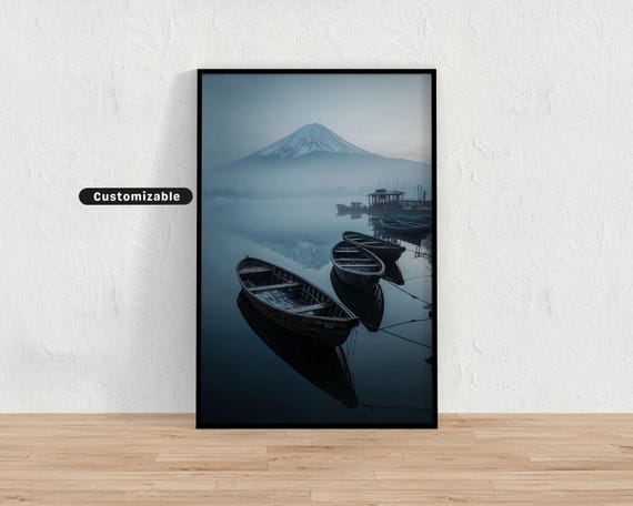 Boats On Misty Lake Beneath Fuji Mountain Japanese Wall Art Print Zen Asian Decor
