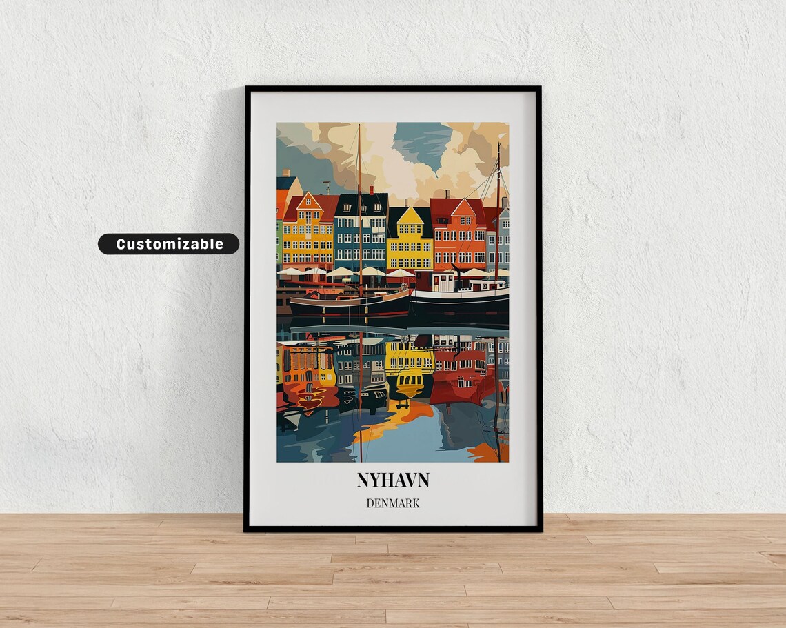 Nyhavn Denmark Colorful Harbor Travel Poster Customizable Canal Houses