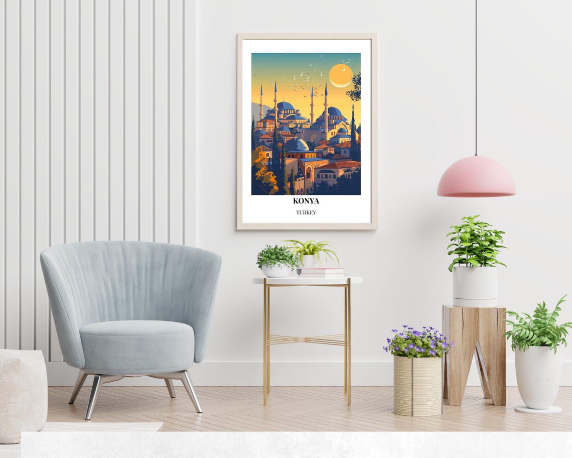 Konya Turkey Grand Blue Domed Mosque Sunset Skyline Travel Poster - Image 2