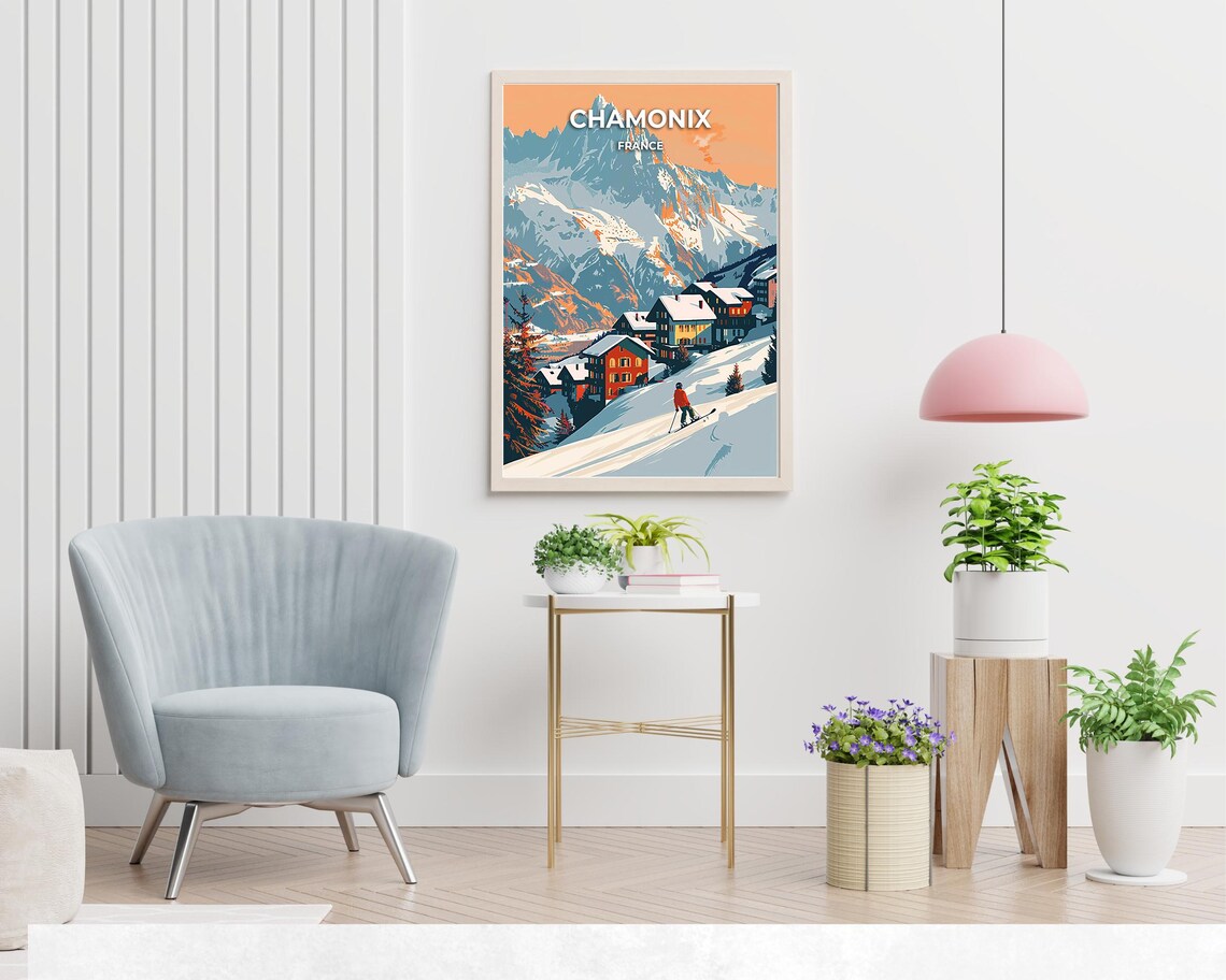 Chamonix France Alpine Village Beneath Sunset Peak With Skier Poster - Image 2