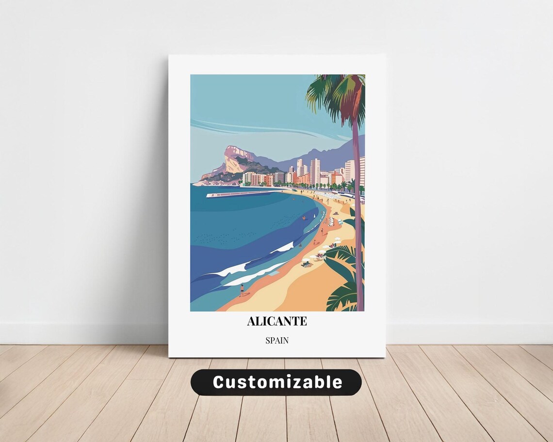 Alicante Spain Beach Promenade Castle Hill Vintage Travel Poster