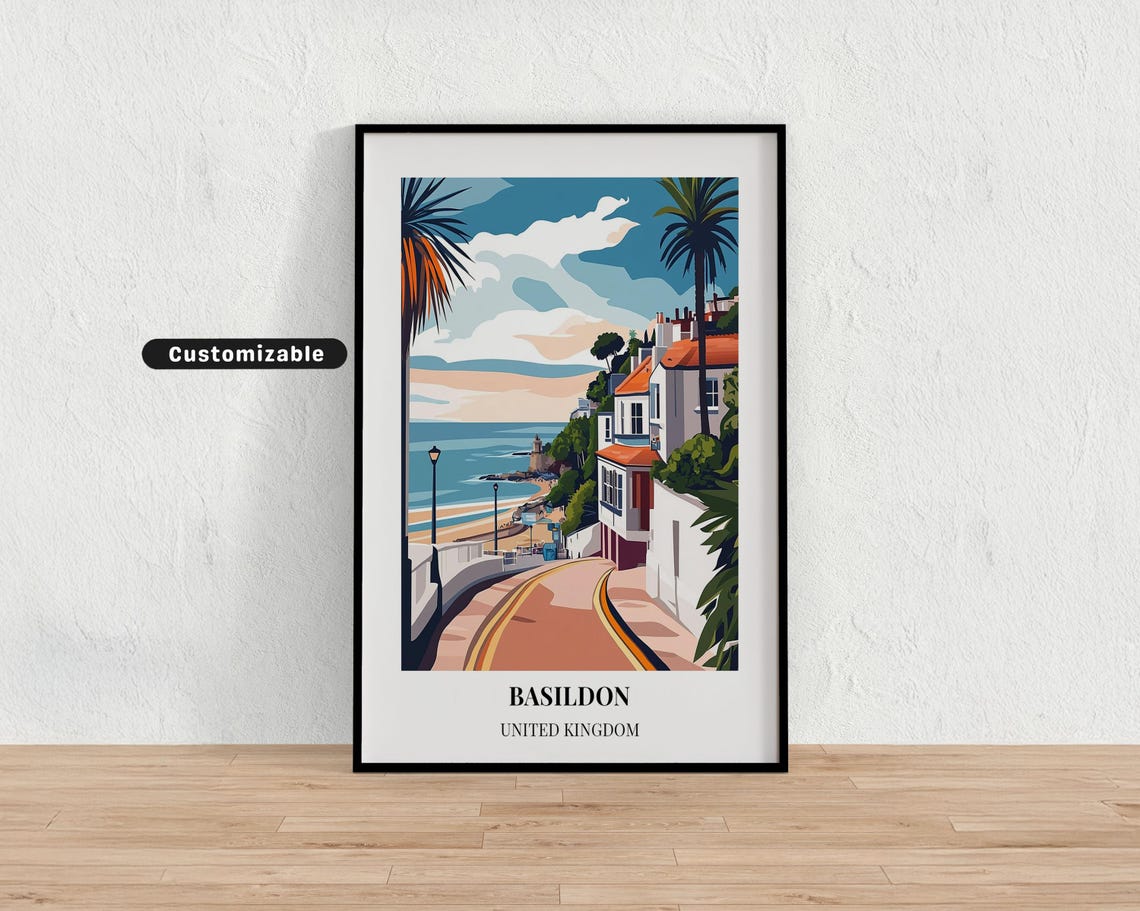 Basildon United Kingdom Coastal Road Palm Tree Travel Poster