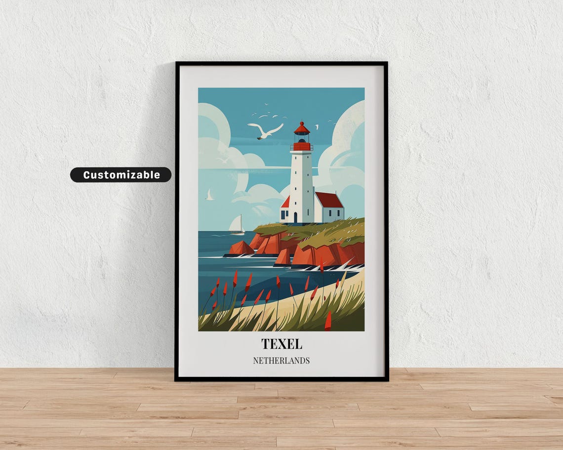 Texel Netherlands Lighthouse Sailboat Rocky Coast Travel Poster