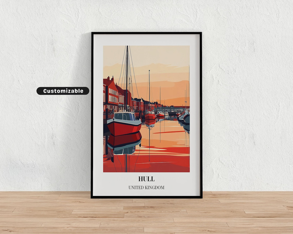 Hull United Kingdom Marina Red Boats Sunset Harbor Travel Poster