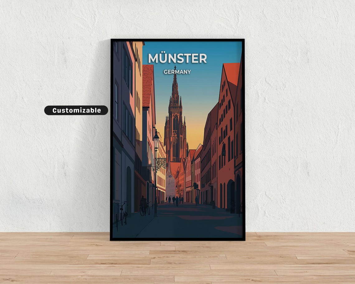 Munster Germany Evening Street Cathedral Spires Travel Poster