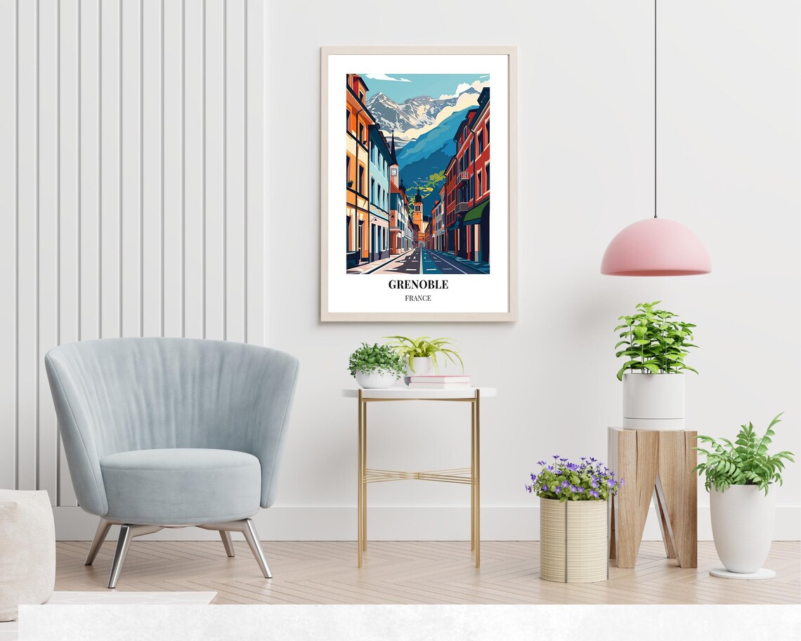 Grenoble France Colorful Alpine Street Snow Capped Peaks Travel Poster - Image 2