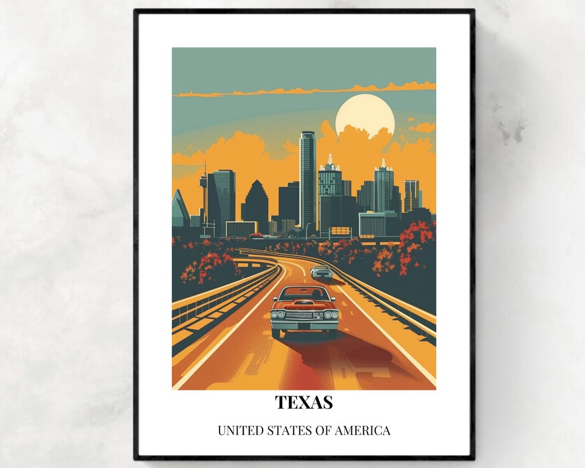 Texas City Skyline Sunset Highway Poster With Bottom Title Lettering