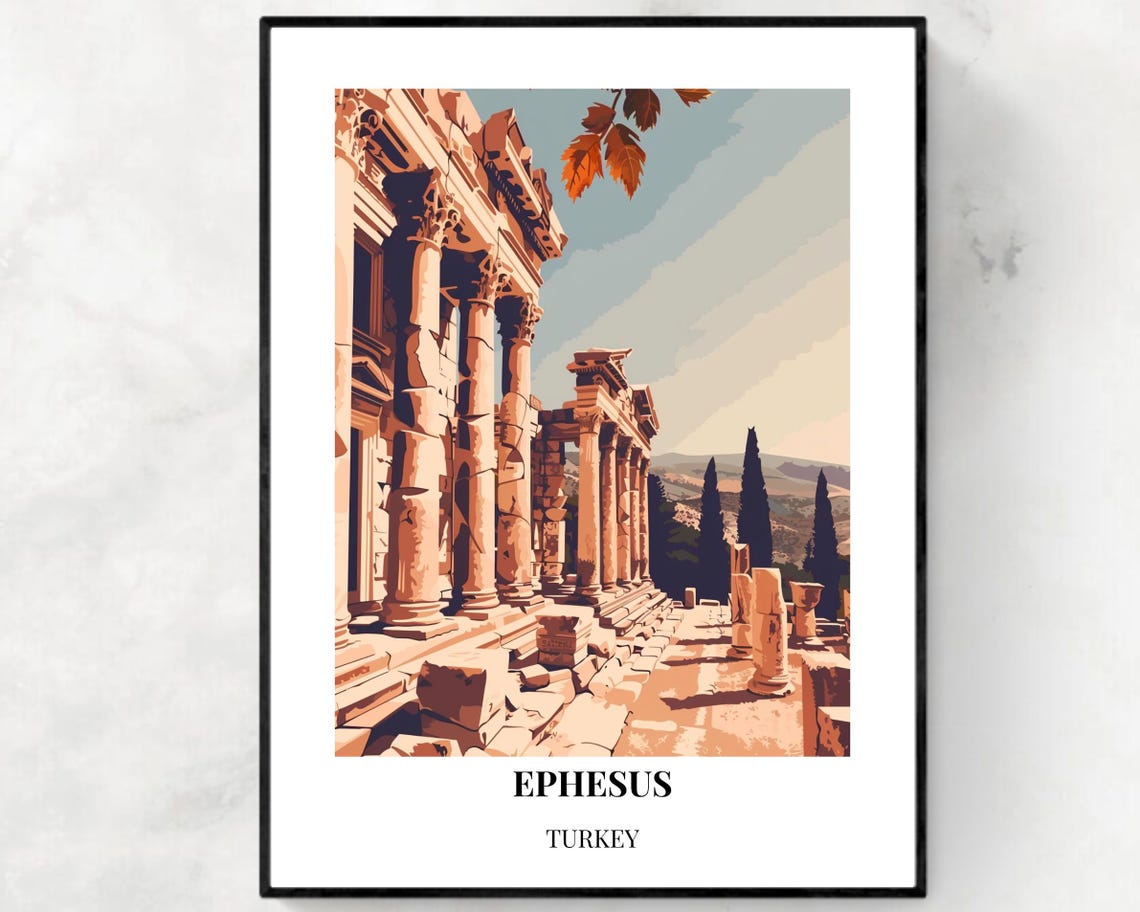 Ephesus Turkey Ancient Marble Columns Ruins Golden Travel Poster