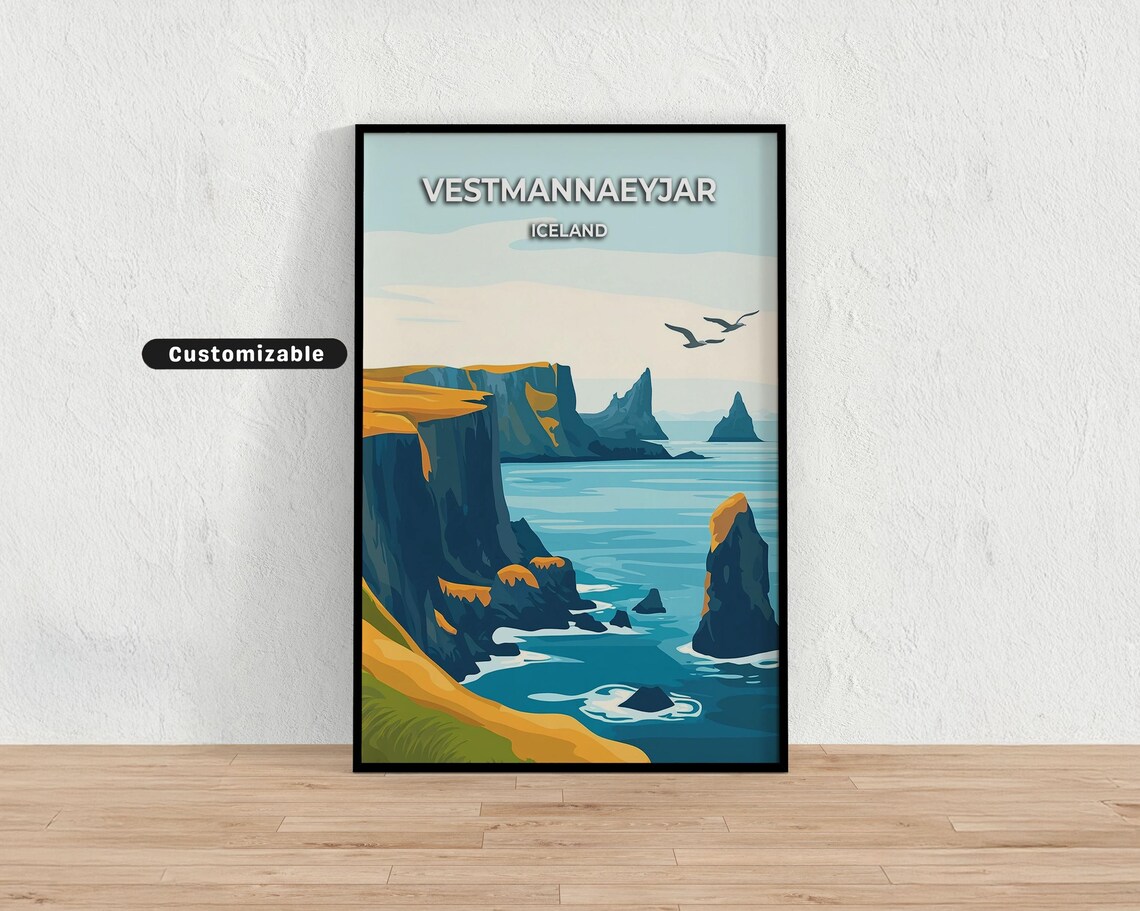 Vestmannaeyjar Iceland Sea Stacks Seagulls Vintage Travel Poster