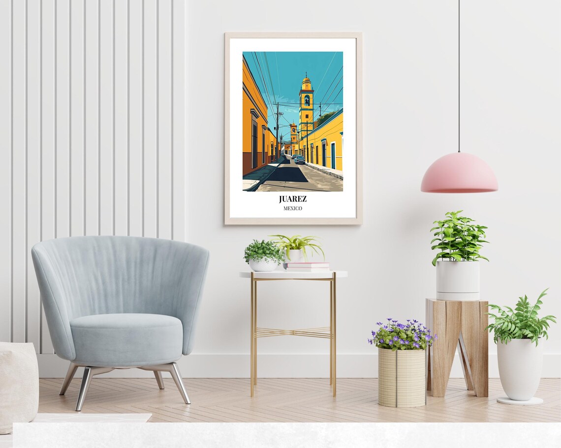 Juarez Mexico Yellow Church Bell Tower Old Street Scene Poster - Image 2