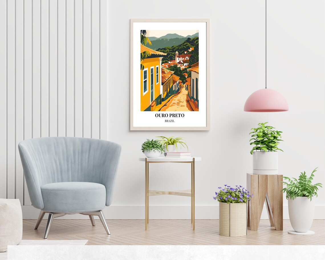 Ouro Preto Brazil Daytime Cobblestone Street Illustrated Travel Poster - Image 2