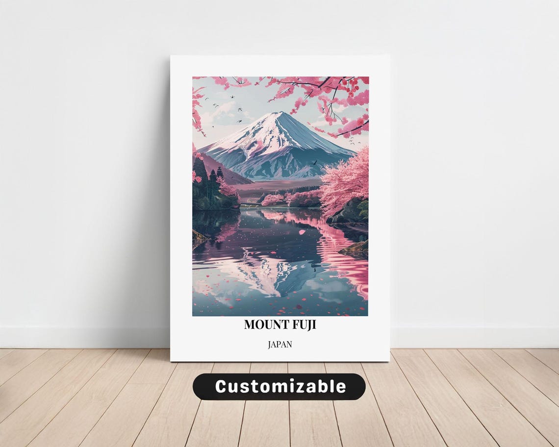 Mount Fuji Lake Reflection Cherry Blossom Japan Travel Poster