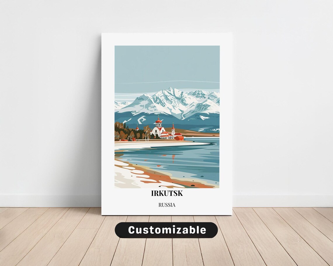Irkutsk Russia Winter Red Church Snowy Mountains Travel Poster