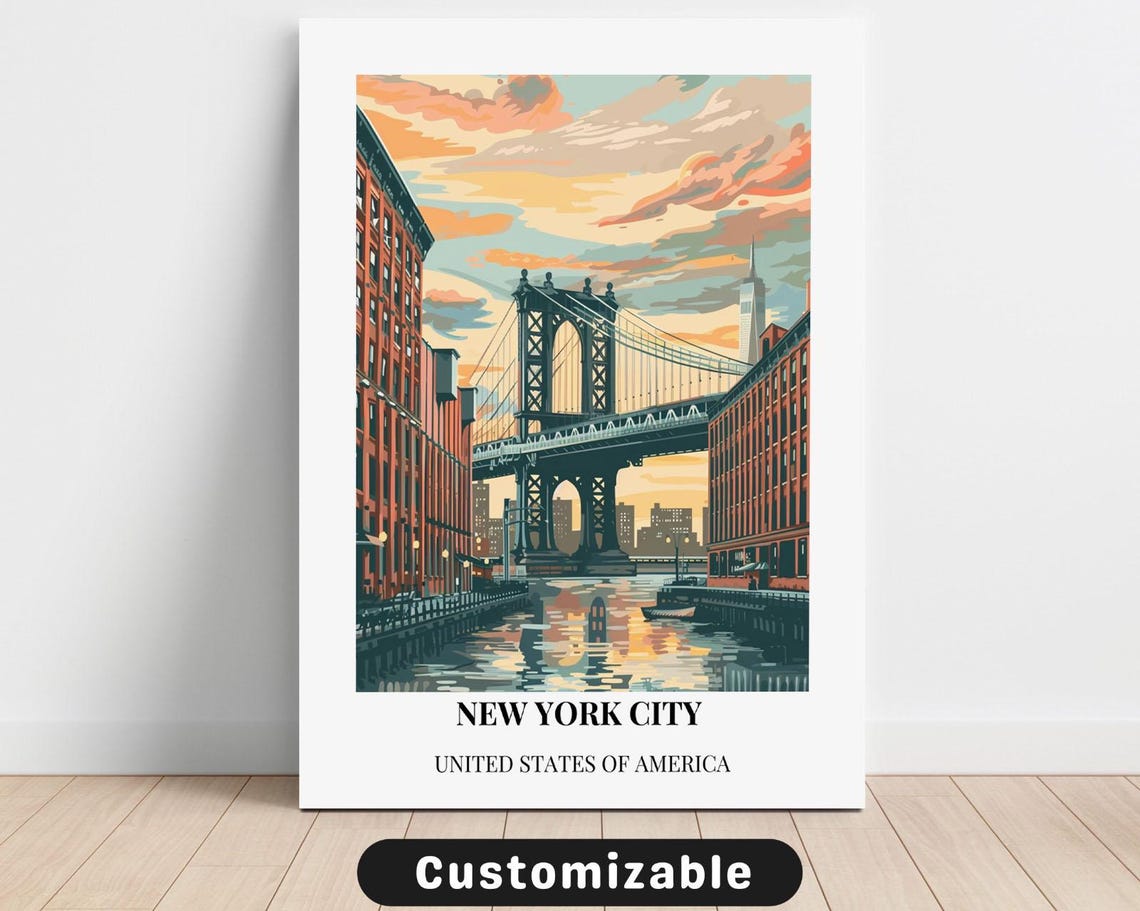 New York City Manhattan Bridge Vintage Skyline Sunset Poster