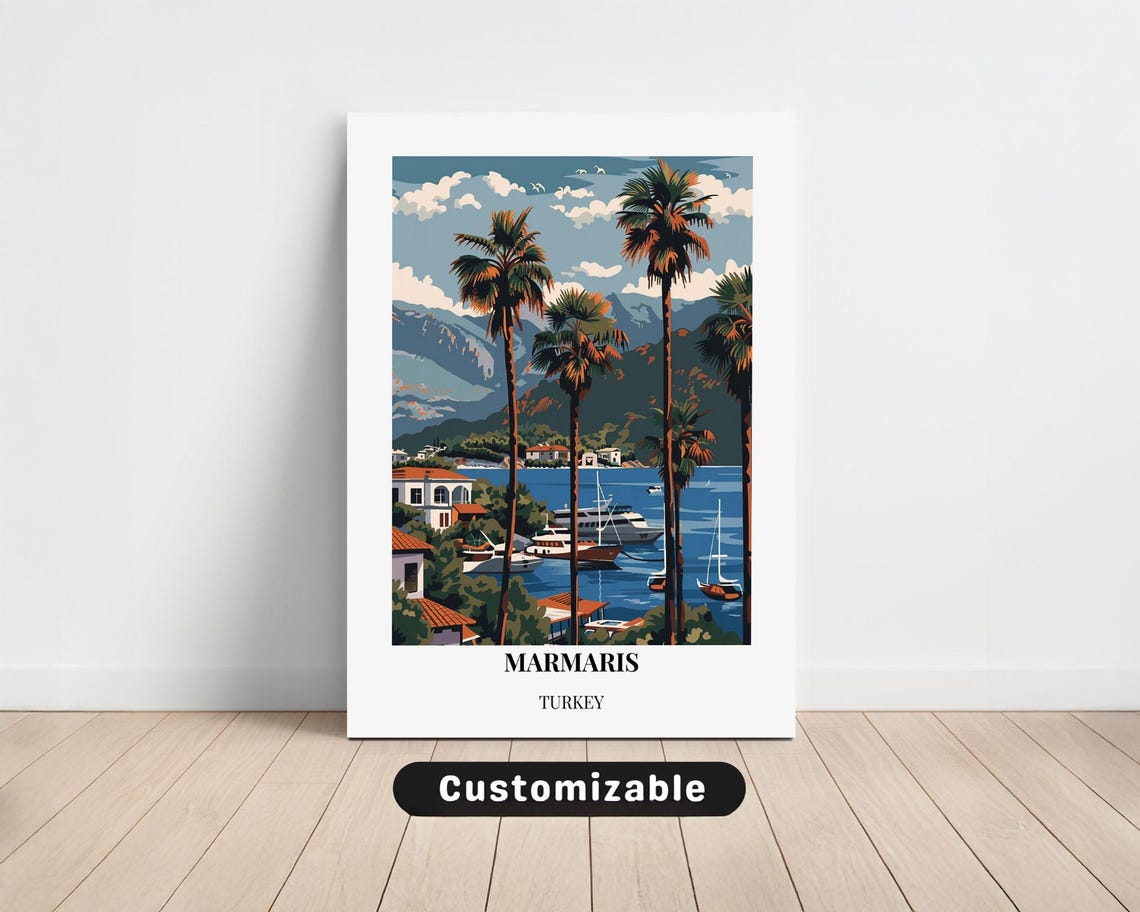 Marmaris Turkey Travel Poster Harbor Palms Retro Vintage Coast Art