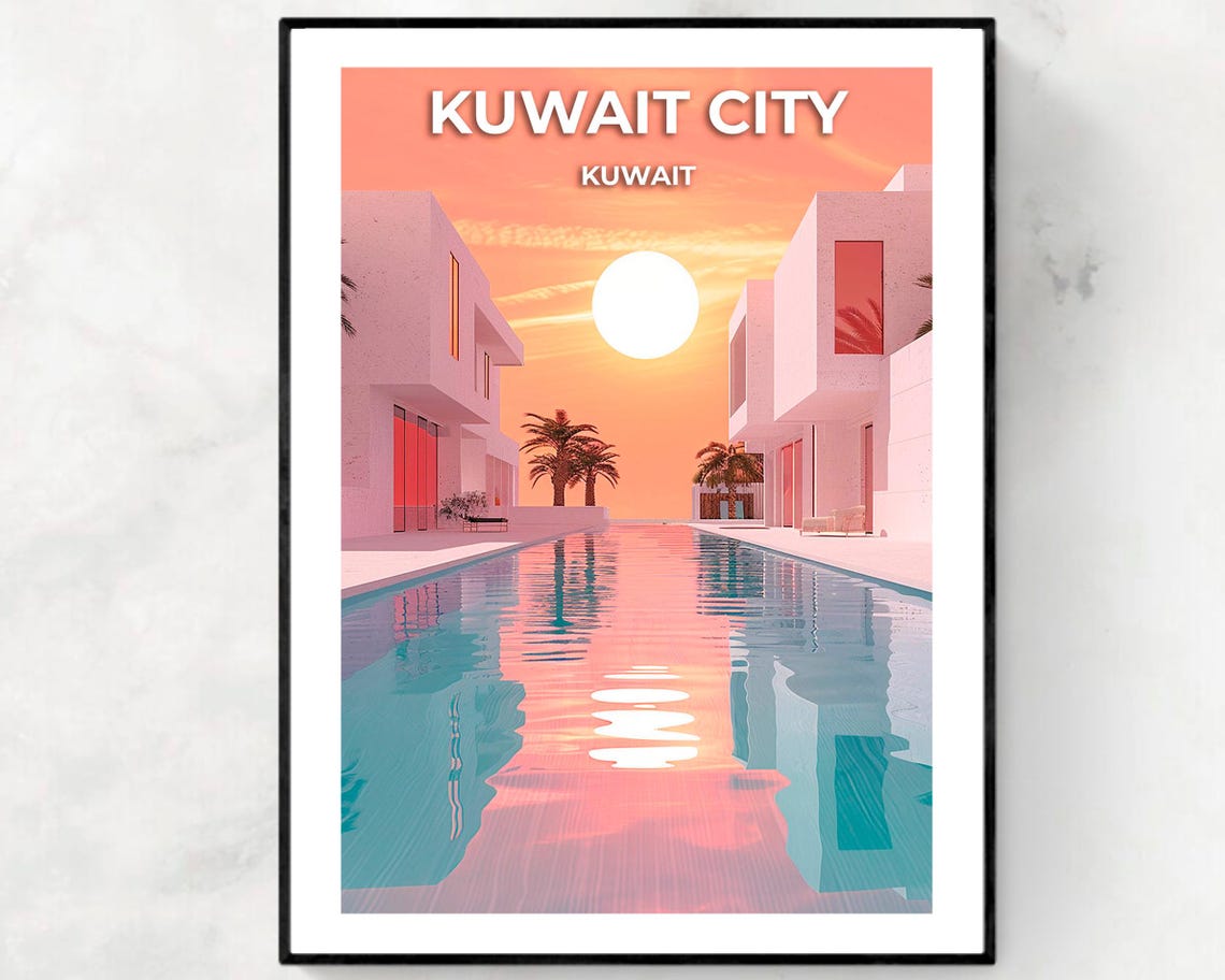 Kuwait City Modern Villa Pool Sunset Palm Trees Minimal Travel Poster