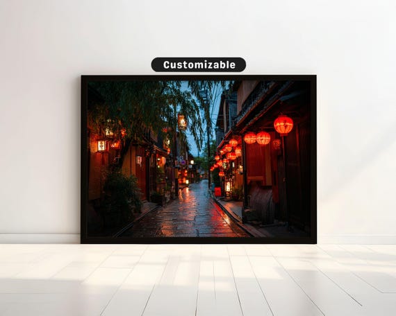 Red Lanterns Lining Narrow Kyoto Street At Twilight Japanese Wall Art Print Zen Asian Decor