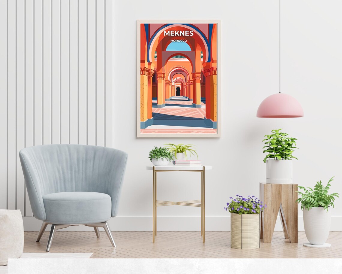 Meknes Morocco Moorish Arches White Title Architectural Travel Poster - Image 2