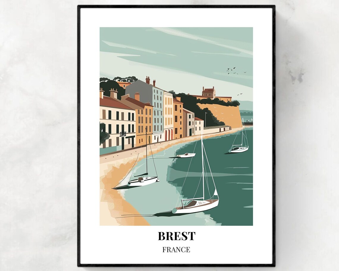Brest France Harbor With Sailboats Vintage Travel Poster Art