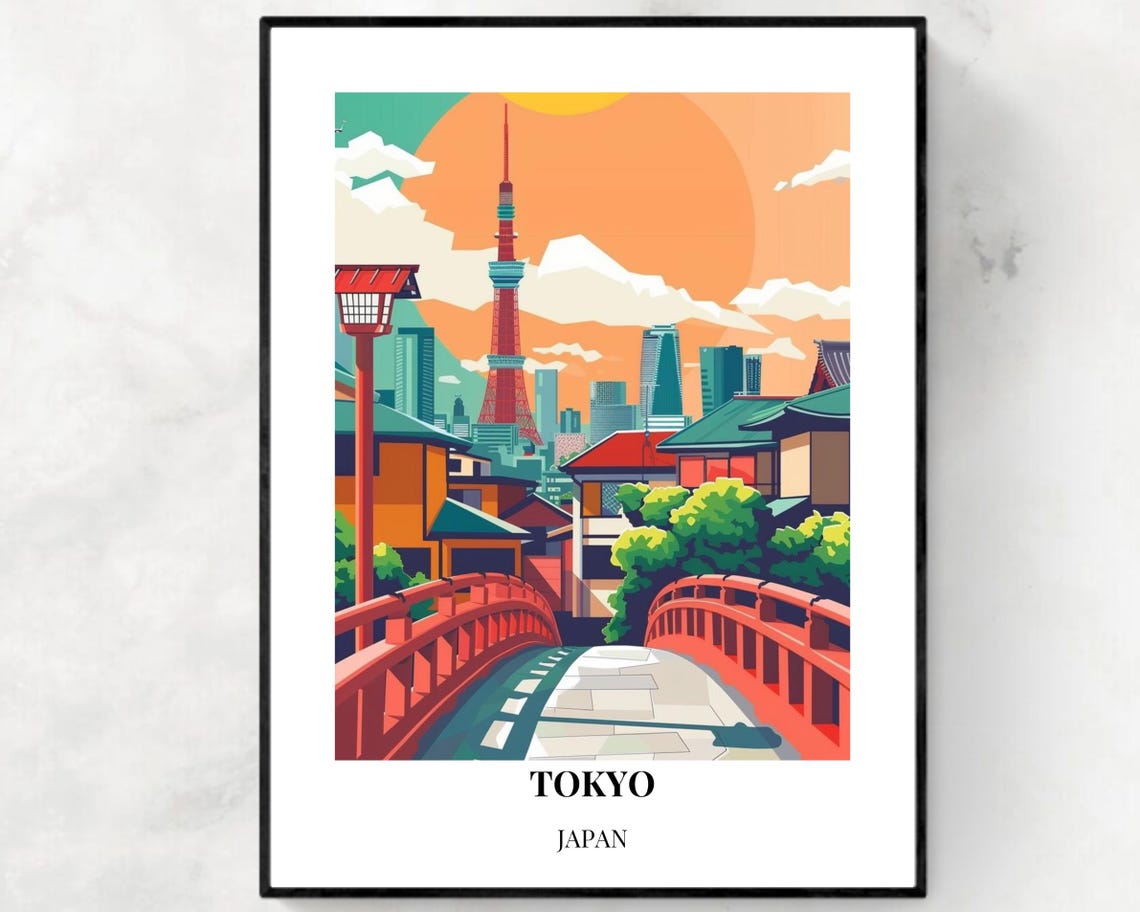 Tokyo Red Bridge Lantern and Tokyo Tower Sunset Travel Poster