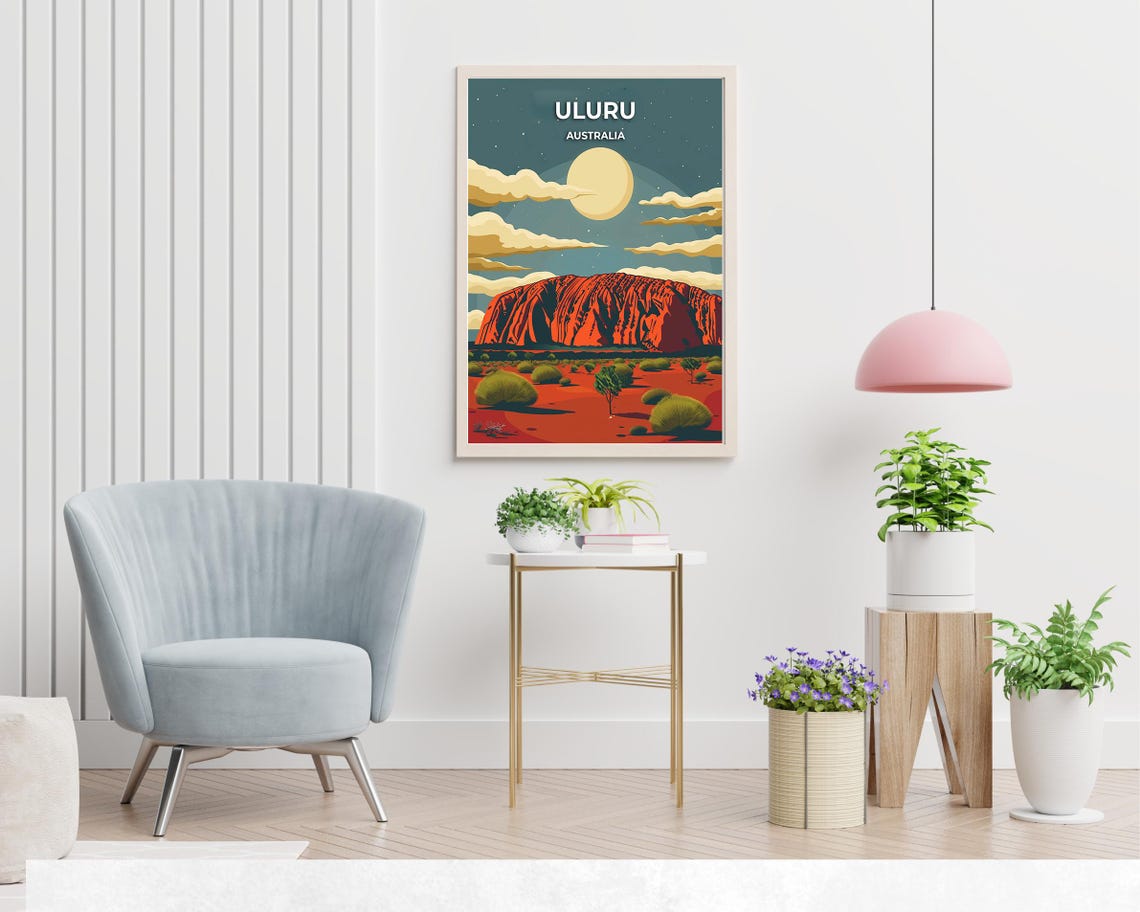 Uluru Australia Red Rock Under a Full Moon Night Sky Travel Poster - Image 2