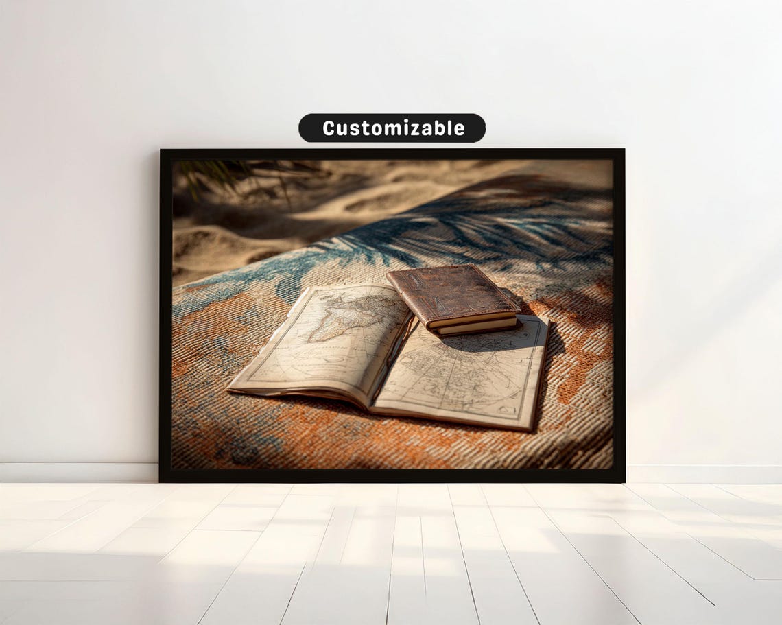 Vintage Map And Travel Journal On Beach Mat Coastal Wall Art Print Decor