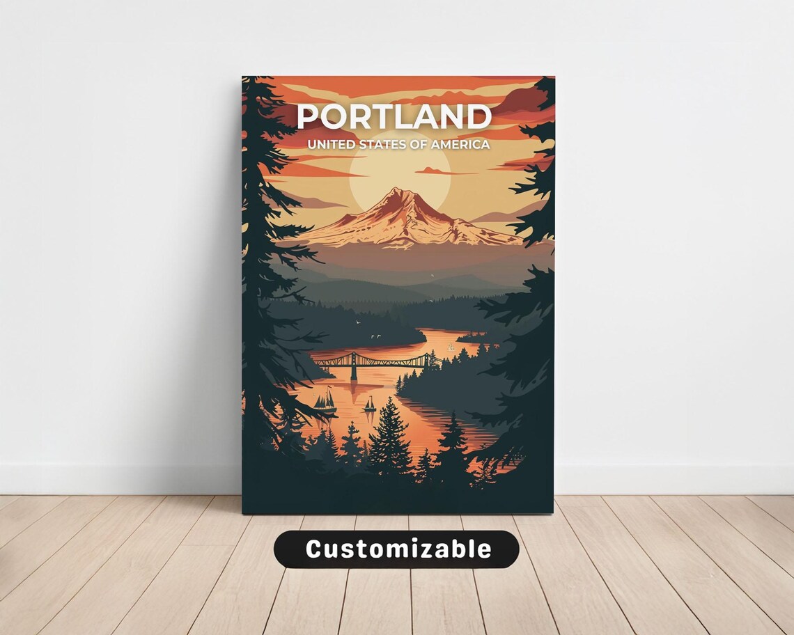 Portland Mount Hood Sunset River Bridge Vintage Travel Poster
