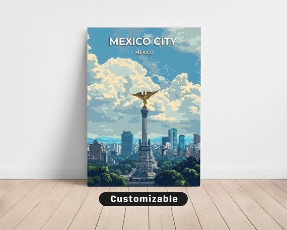 Mexico City Angel Of Independence Skyline Blue Sky Clouds Travel Poster