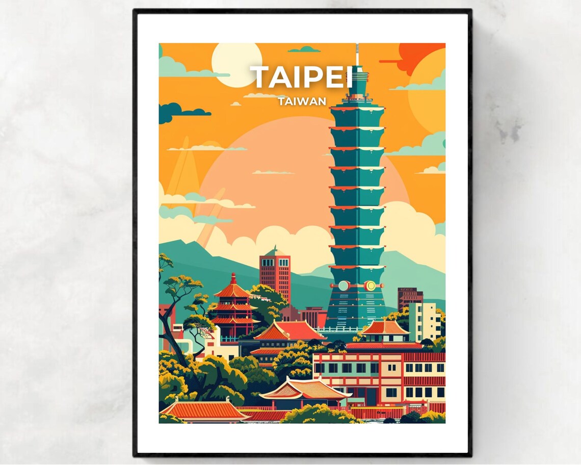 Taipei Taiwan Taipei 101 Tower Skyline Vivid Sunset Travel Poster
