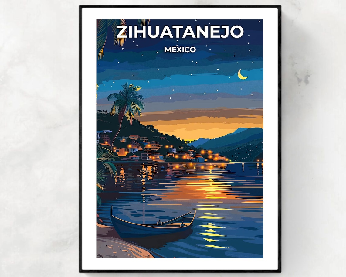 Zihuatanejo Mexico Night Bay Lights Starry Sky Travel Poster
