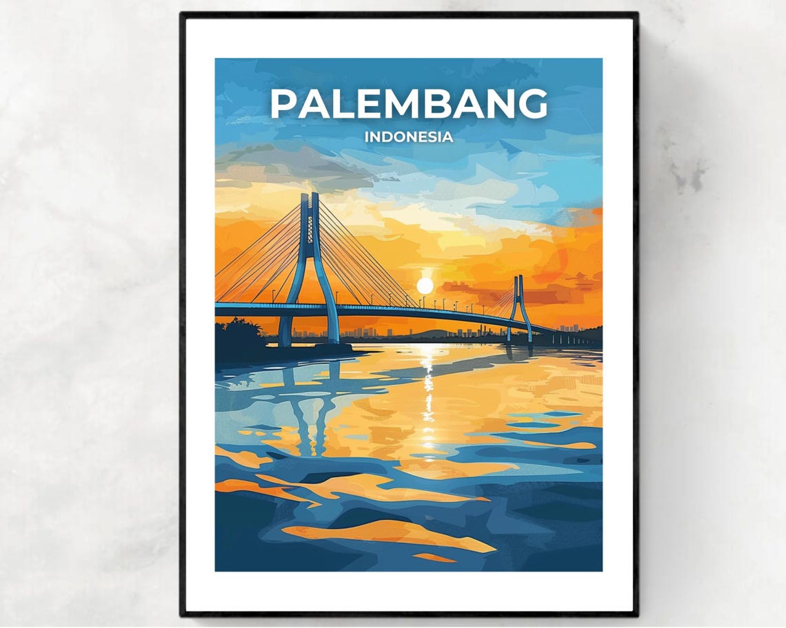Ampera Bridge Palembang Indonesia Sunset River Travel Poster